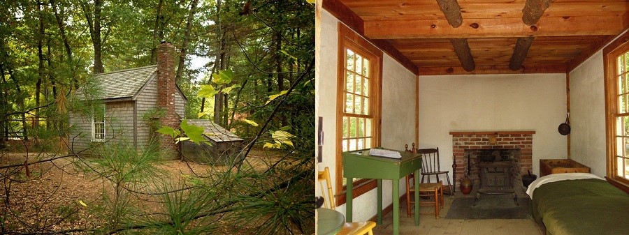 Thoreau'nun kulübesinin dıştan ve içten temsili görünüşü